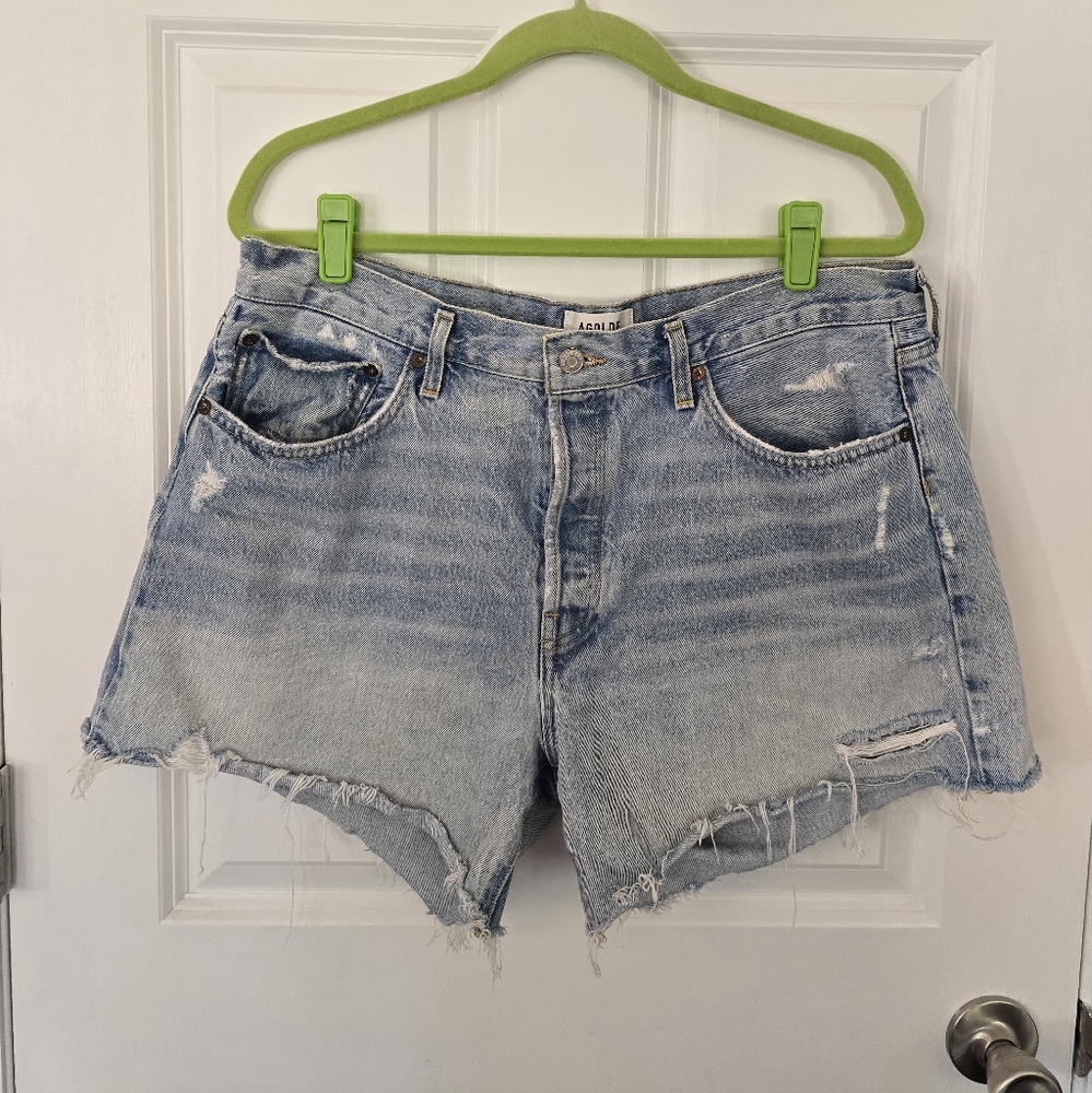 Agolde Blue Jean Shorts with Distressed Raw Hem